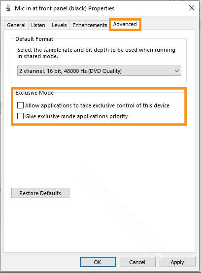 allow applications to take exclusive control allow applications to take exclusive control